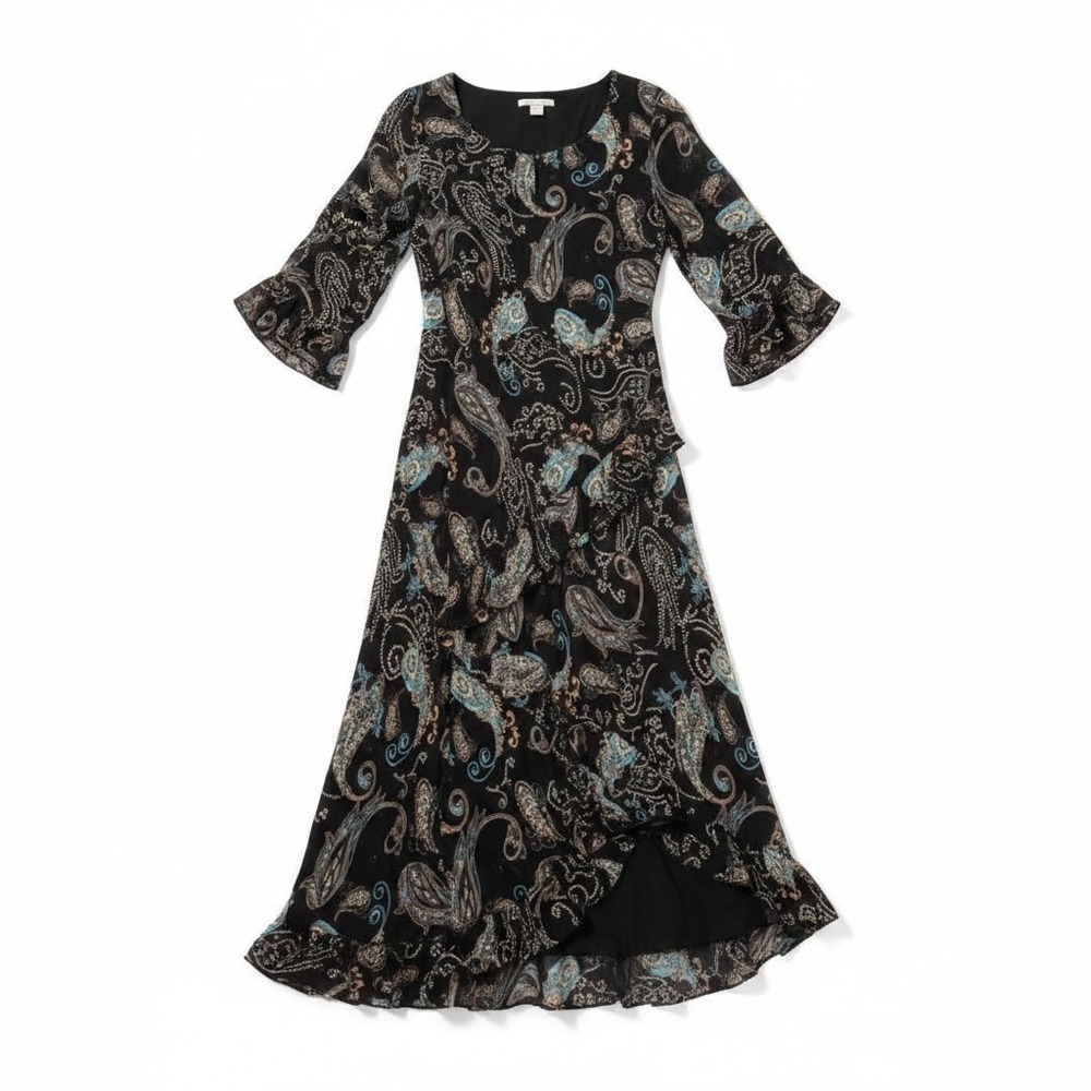 Chelsea and Violet 100% Silk Asymmetrical ruffle 90s Y2K Bell sleeve Dress XS